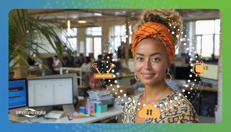 black american woman staring and smiling in a tech office